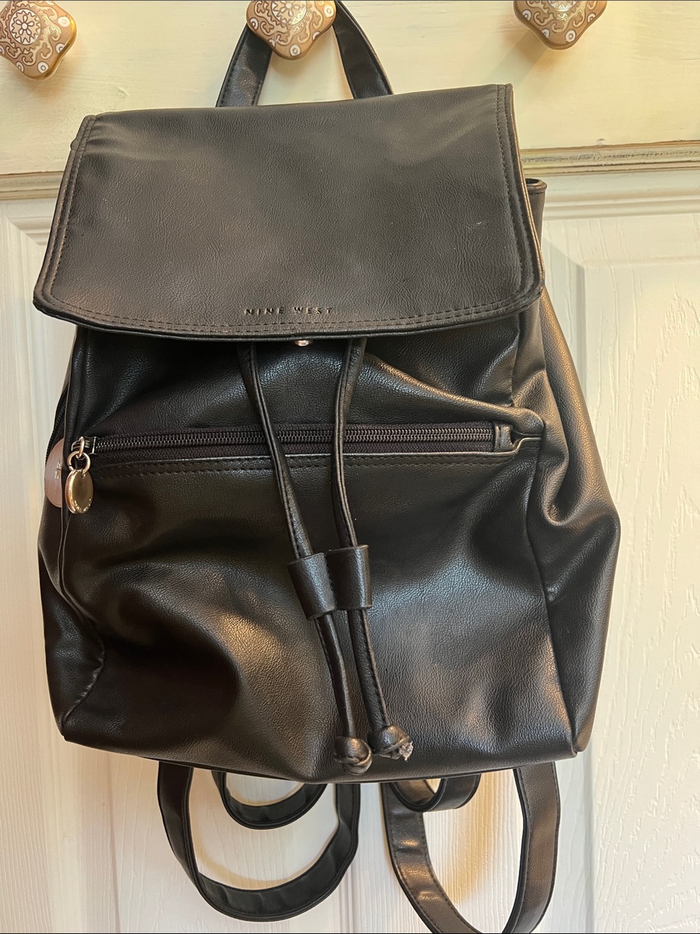 Nine West Black Faux Leather Drawstring Backpack with Front Zip Pocket